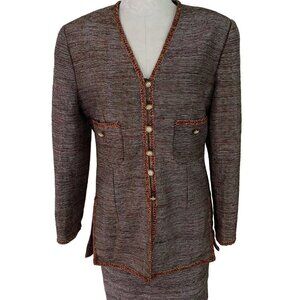 Rickie Freeman Vintage Womens Skirt Suit Size Medium Brown Woven Silk Korea